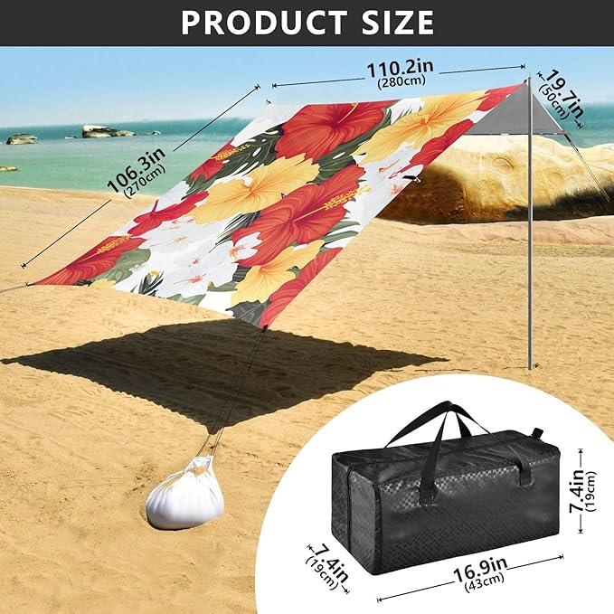 Yellow Red Hibiscus Beach Tent Sun Shelter 9.2' x 10.5' Beach Canopy with 4 Sandbags 4 Stability Poles Sand Shovels - Tent Canopy for Beach Camping Fishing Picnics