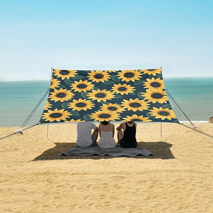 Bolaz Beach Canopy Tent Sun Shade9'×10.5' Large Family Beach Shade UPF50+- Outdoor Shade for Camping Trips FishingYellow Sunflower Flower Pattern
