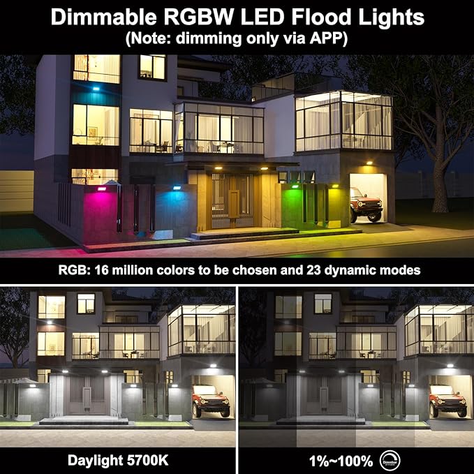 Smart Flood Lights Outdoor RGB via Bluetooth App Control Color Changing Landscape Lights 80W IP66 Waterproof DIY Scenes/Music Sync/Timing/Daylight 4Pack