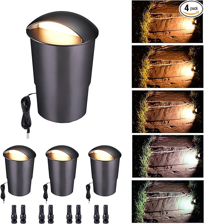 In Ground Landscape Lighting Low Voltage - 2700K-5000K 5 Color Selectable LED IP67 Well Lights Turret Top 12V Outdoor in-Grade Light ORB Aluminum for Driveway Garden Lawn 3W 170LM 4 Pack
