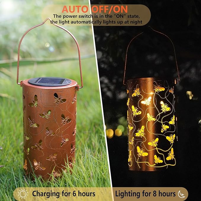 Solar Honeybee Lanterns Outdoor Hanging Decor LanternWaterproof Hollow Out Retro Metal Decorative Garden LightGraceful Decoration for PatioYardLandscapeWalkwayFestival