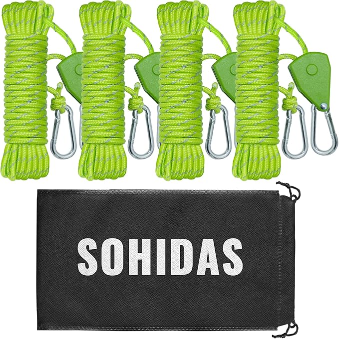 Camping Rope Reflective Tent Rope Guyline with Ratchet Pulley Tarp Tie Down Ropes for Tent Tarp Canopy Shelter Camping 13ft Adjustable Guy Line for Canopy Tent 4 Pack Guy Lines Tents Cords