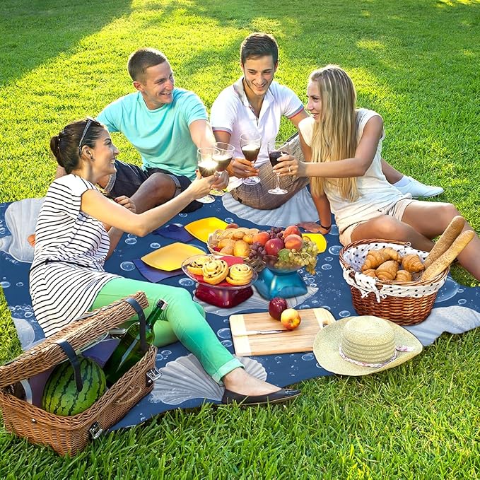 Waterproof Sandproof Beach Blanket 59''×68'' Sea Scallop Polyester Outdoor Picnic Blanket with 4 Stakes &amp Storage Bag for BeachCampingVacation Blue