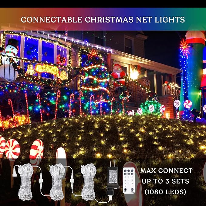 JMEXSUSS 360 LED Net Christmas Lights 12ft x 5ft Warm White &amp Multicolor 11 Modes Bush Lights Waterproof Connectable for Christmas Patio Garden Indoor Outdoor