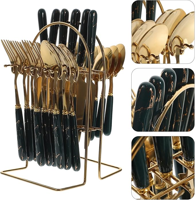 UPKOCH 1set Ceramic Handle Stainless Steel Cutlery Set Forks Spoons Kit with Hanging Stand Ergonomic Design for Home Dining Dishwasher Safe Elegant Finish