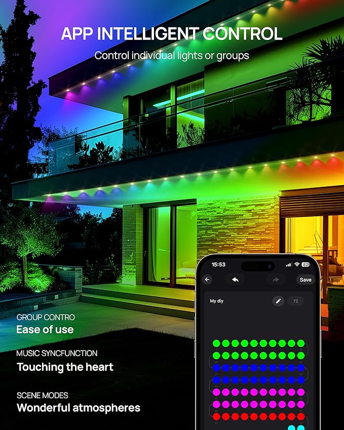 VCOKEN Permanent Outdoor Lights 63.6ft with 36LED Outdoor Christmas Lights with App Control Remote DIY Scene Modes Eaves IP65 Waterproof Light for Christmas Holiday Decor Garden Decor