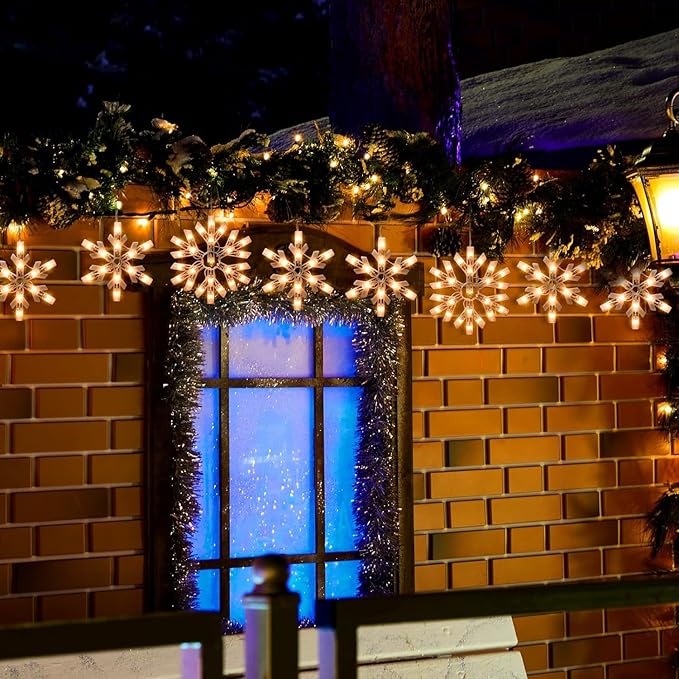 Snowflake Christmas String Lights with 9 Drops - 13ft 150 Mini Bulb Icicle Lights with Hooks Plug-in Connectable Hanging Lights for Christmas Home Indoor Outdoor Party Wedding Holiday Décor 2 Pack