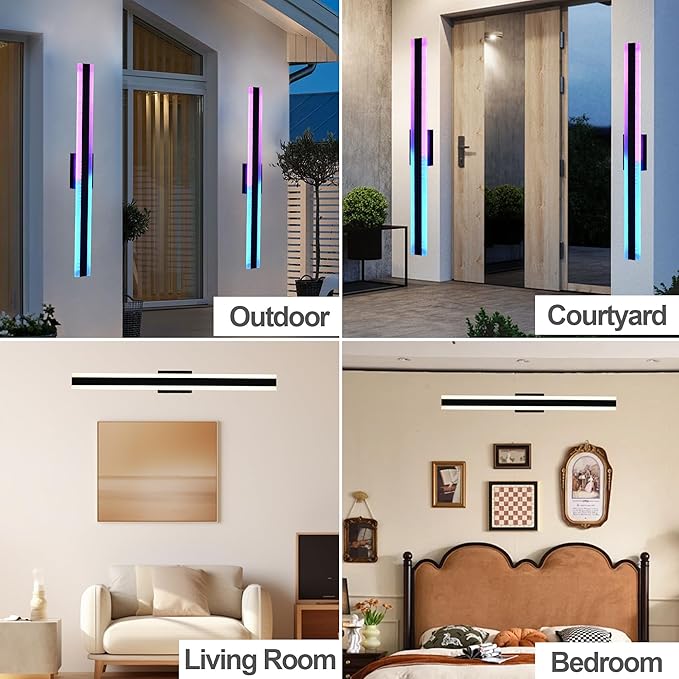 TODOLUZ Outdoor RGB Long Wall Lights32 inch 2 Pack RGB/Warm/White Dimmable Modern Led Wall Lighting Ip65 Waterproof Wall Sconce with Remote APP Control for Outdoor/Indoor Party Gathering