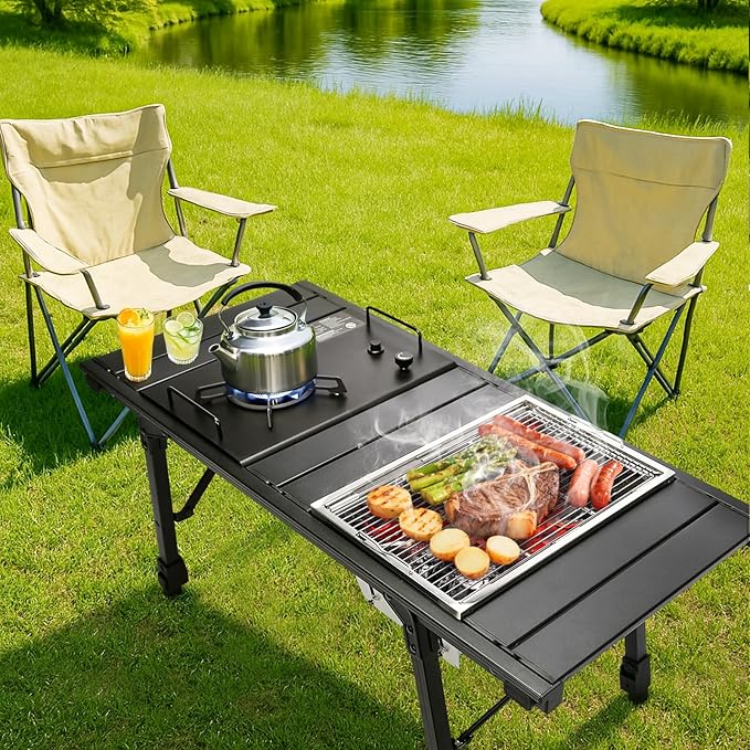Folding Camping Table + Camping Stoves + Charcoal Grill Outdoor IGT Cook System with Carry Bag IGT Table for BBQ Beach Backyard