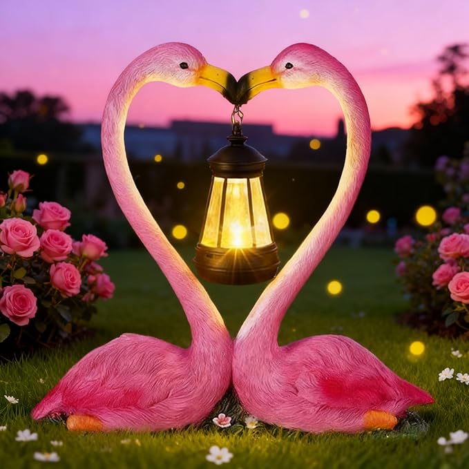 Outdoor Solar Lights Waterproof Garden Kissing Flamingo Heart Decoration with LED Decoration for Flamingo Themed Party Favors Lover Gifts Yard Patio Pathway Lawn Courtyard Centerpiece Decor