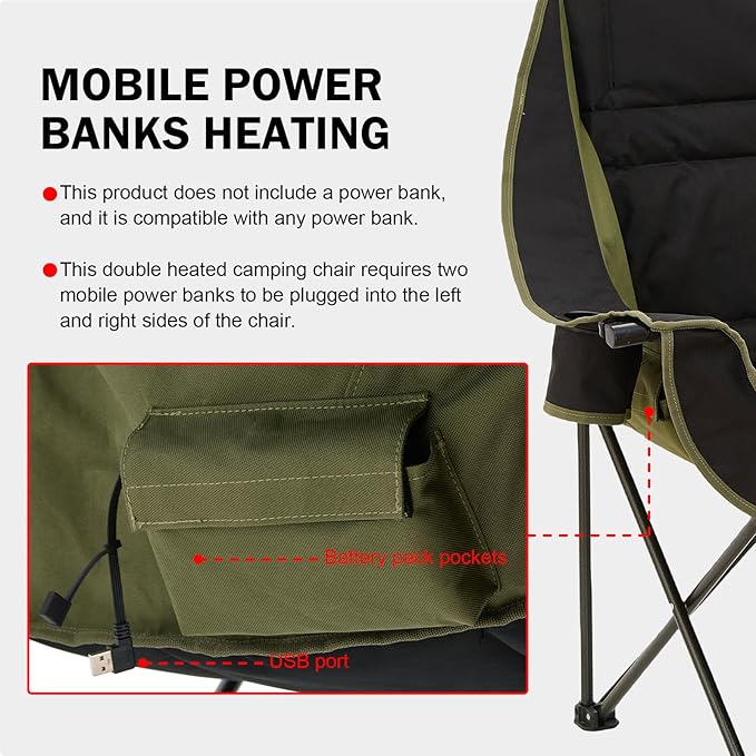 Heated Camping Chair Oversized Heated Double Camping Chair for Adults 2 People Heated Folding Outdoor Sports Chairs for Lawn Hunting and Picnic Supports 750 lbsBattery Not Included