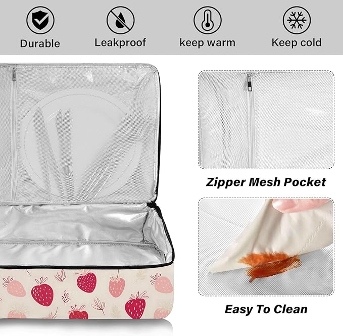 Casserole Carrier Hand-drawn StrawberriesInsulated Casserole Carrier for Hot or Cold Food Thermal Lunch Tote for Potluck Parties Picnic Beach Fits 9 x 13 Inches Baking Dish