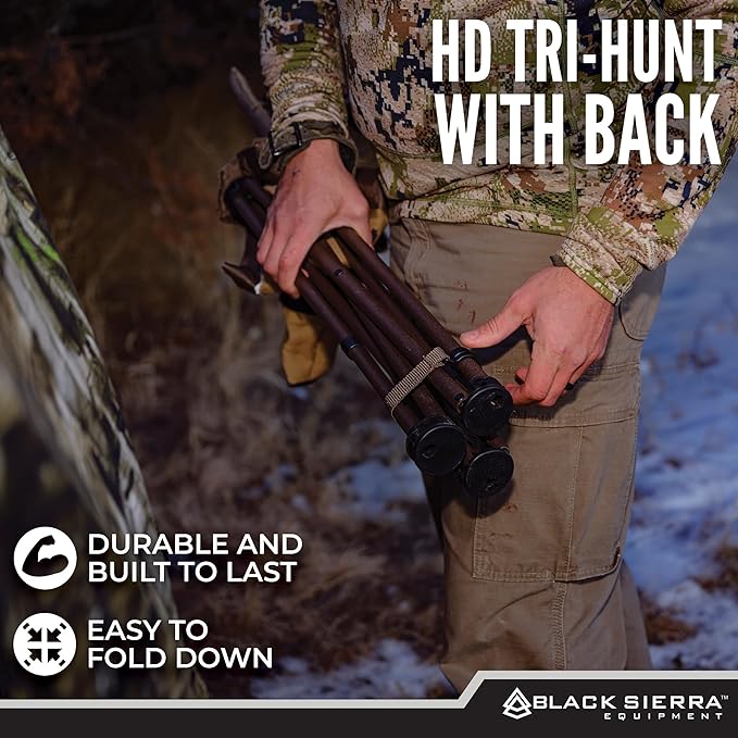 Black Sierra HD Tri-Hunt with Back Hunting Stool Foldable Tripod Seat w/Steel Frame Supports 300-lb Heavy Duty Fishing Chair Features Cup-Holder &amp Carry Shoulder Strap for Camping