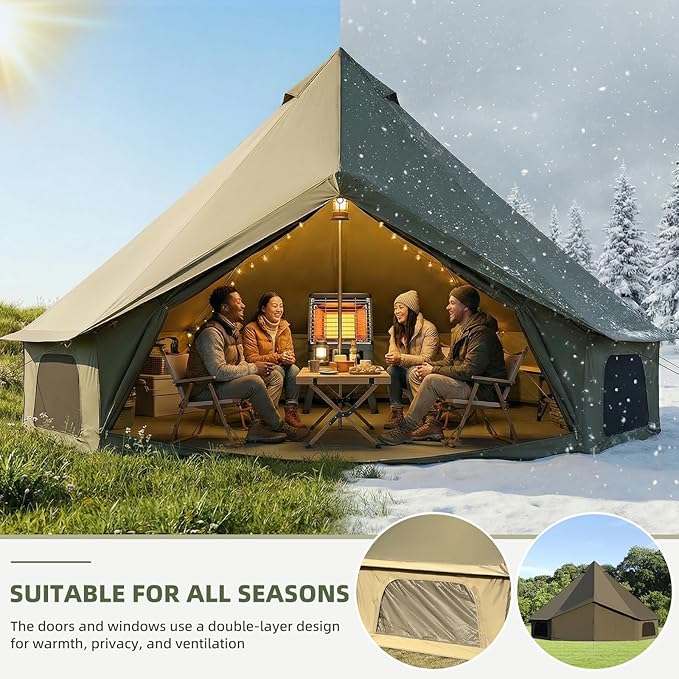 YOLENY Bell Tent Yurt Tent 4/6/8/10 Person 4 Season Waterproof Glamping Tents w/Stove Jack for Family Camping Outdoor Party Glamping Tents for Camping - 10/13.1/16.4FT