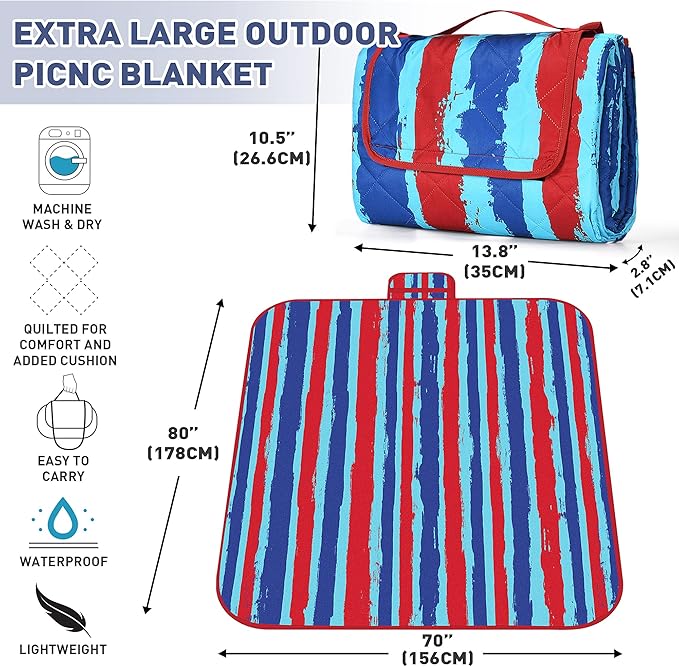 Tirrinia Picnic Blanket Extra Large Waterproof Lightweight Portable Outdoor Mat for Family Camping Travel Park Beach Hiking Stadium Concerts - Machine Washable