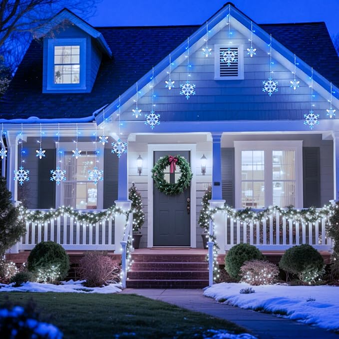 13 Ft 192 LED Snowflake Christmas Icicle Lights with 16 Drops 8 Modes and Timer IP65 Waterproof Connectable for Indoor Outdoor House Window Blue and White