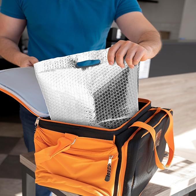 APQ Insulated Foil Bag with Handles 8 x 8 x 8 Inches. 10 Pack Thermal Bags for Frozen Food. Metallized Foil Insulated Box Liners with Bubble Cushion. Insulated Shipping Bags for Food Cosmetics