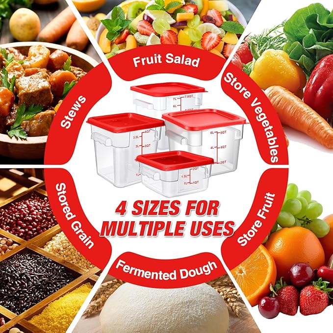 Square Food Storage Containers with Lids 4-Pack Lock-Tight Seal for Flour Sugar Cereal Keep Food Fresh BPA-Free Stackable Kitchen Canisters with Measurements (Red 6QT-4PACK)