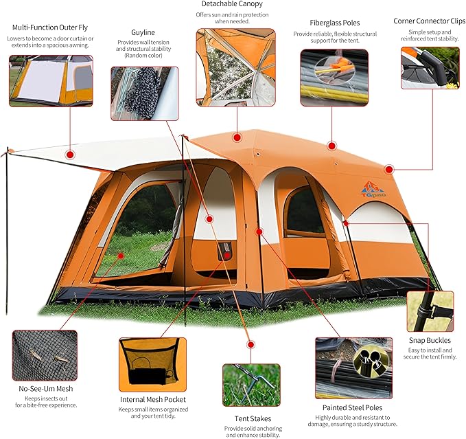 Large Family Standing Upright Camping Tent - 5-12 Persons Multi-Room Waterproof Tent with Screened Porch - Glamping Tent for Outdoor Camping &amp Family Vacation