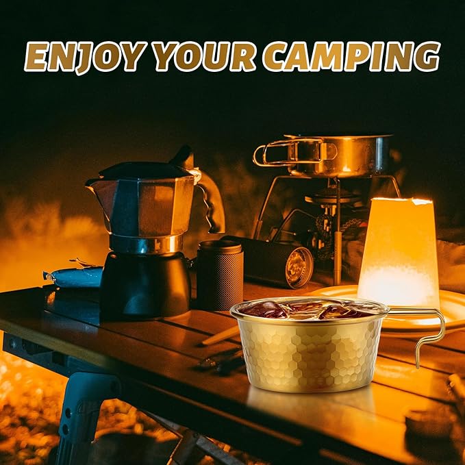 Camping Sierra Cup Set fo 2 304 Stainless Steel Stackable Portable 450ML Sierra Bowl Cup for Camping and Hiking With Free Travel Bag (Gold &amp Silver)
