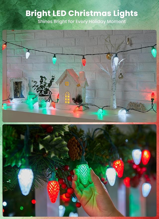 C9 LED Christmas Lights Outdoor 81 Feet 100 LED String Lights with Timer &amp 8 Light Mode Waterproof Connectable Christmas Tree Lights for Outside Indoor Roofline Patio Decor Red Green &amp Pur