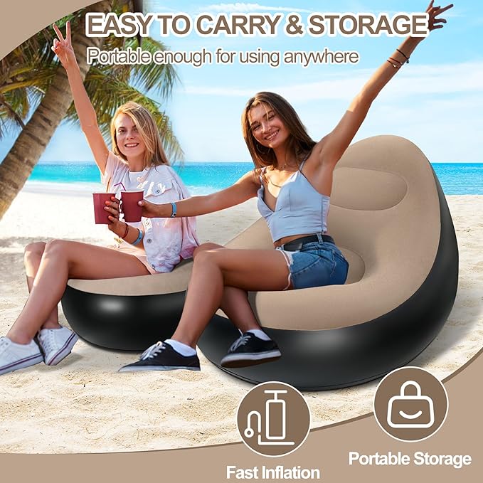 Inflatable Chair with Ottoman Inflatable Couch for Adults with Flocked Surface Comfortable Blow Up Air Chair Waterproof Portable Air Sofa Inflatable Couch for Camping(Brown) (Without Pump)