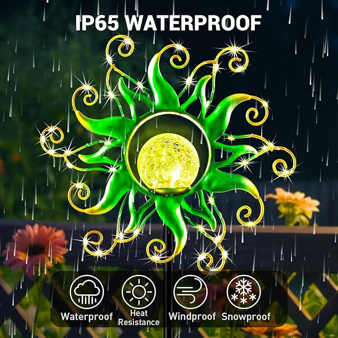 Solar Garden Lights Outdoor Green Metal Sun Stake with 30 LED Waterproof Vine String Crackle Glass Spring Decor for PatioYardrLawn Gardening Birthday Gifts