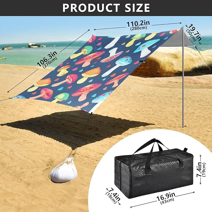 Colorful Mushrooms Camping Sun Shelter Beach Tent Portable Beach Sun Shade Outdoor Canopy for Camping Trips Fishing Picnic