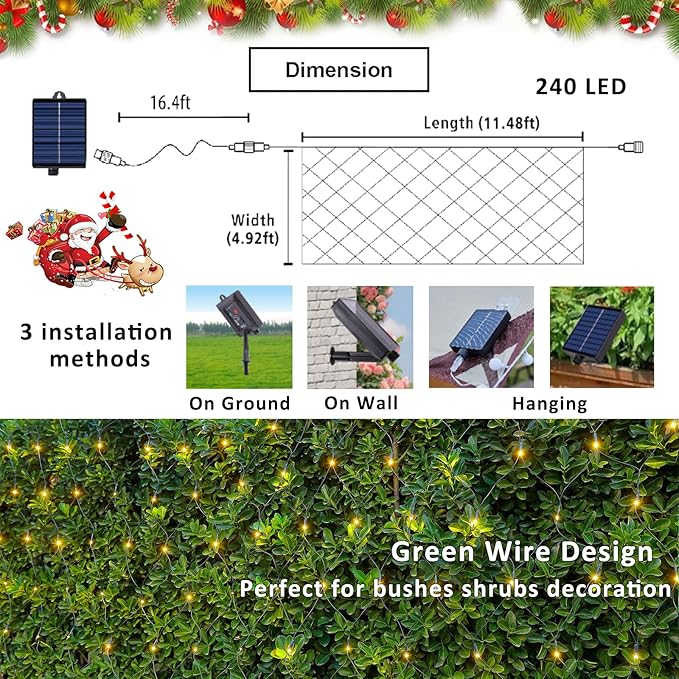 11.5FT x 5FT Solar Christmas Net Lights Outdoor with Remote 240 LED USB Warm White Mesh Lights for Bushes Waterproof 8 Modes Green Wire Christmas Trees Light Patio Indoor Decor