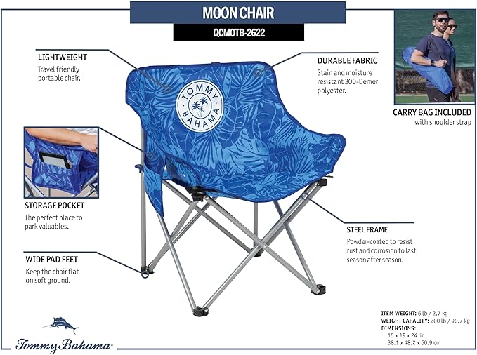 Tommy Bahama Go Everywhere 2-Pack Outdoor Folding Moon Chairs with Storage Pouch and Carry Bag Lightweight Portable Camping Chairs Supports up to 200 lbs. Blue