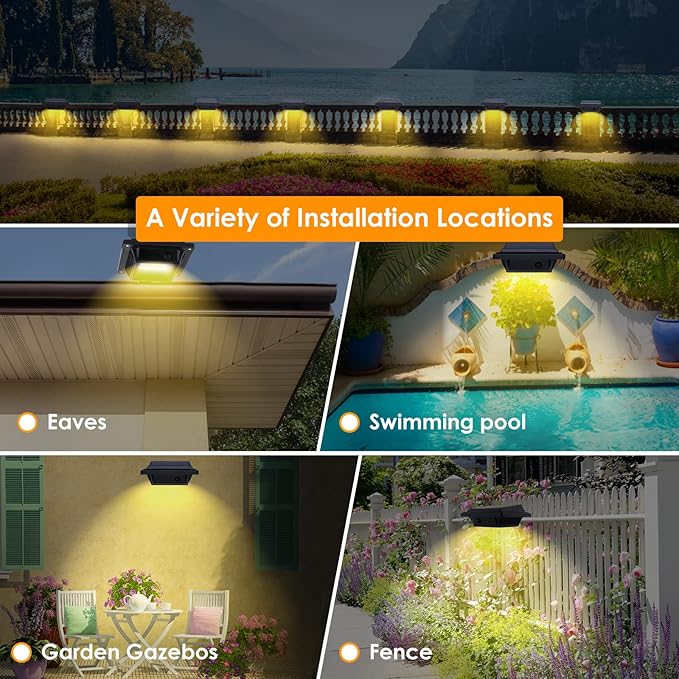 UniqueFire 40LED Outdoor Solar Lights Solar-Powered LED Garden Wall Lamp Plastic Solar Light Waterproof for Walkways Stairways (8PCS Black_Warm White)