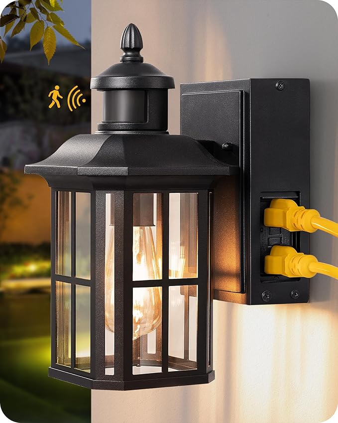 EDISHINE Outdoor Wall Lights with GFCI Outlet Motion Sensor Porch Light for House Dusk to Dawn Exterior Lighting Fixtures Waterproof Outdoor Wall Sconce for Patio Garage Black