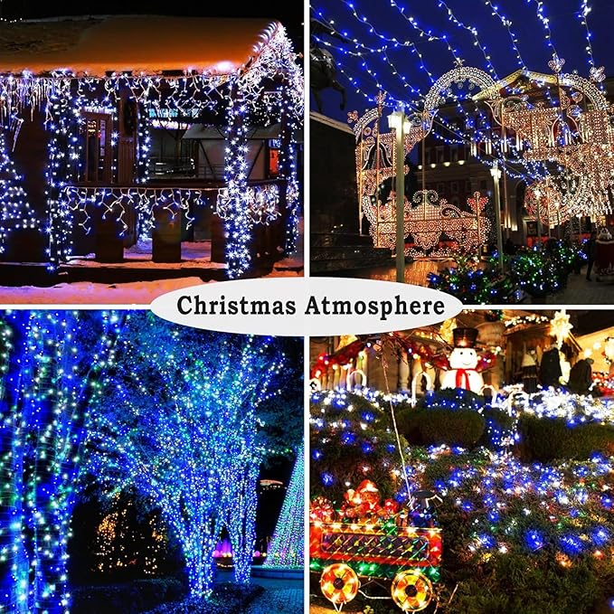 KNONEW Outdoor Christmas Lights 500 LED 197ft String Lights 8 Modes &amp Memory Fairy Light Plug in Waterproof LED String Lights for Xmas Yard Tree Wedding Party (Blue and White)