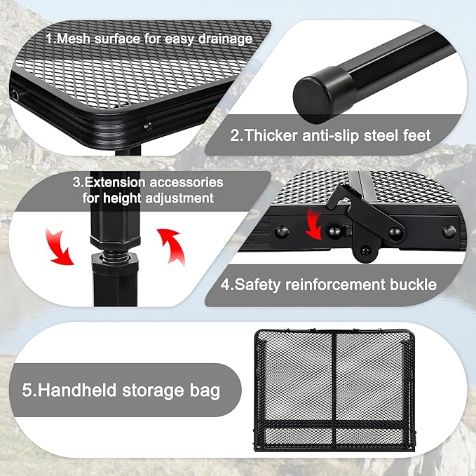 Folding Grill Table Camping Table with Mesh Desktop Lightweight 3 FT Metal Table for Outside Height Adjustable Portable Grill Tables for Camping Picnic Beach and BBQ RV