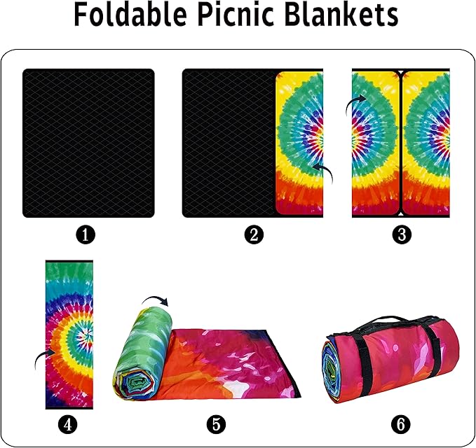 Extra Large Picnic Blankets Waterproof Foldable (80 x 80) Beach Blanket Waterproof Sandproof3-Layer Thicking Mat Outdoor Packable Camping Blanket(tie-dye)