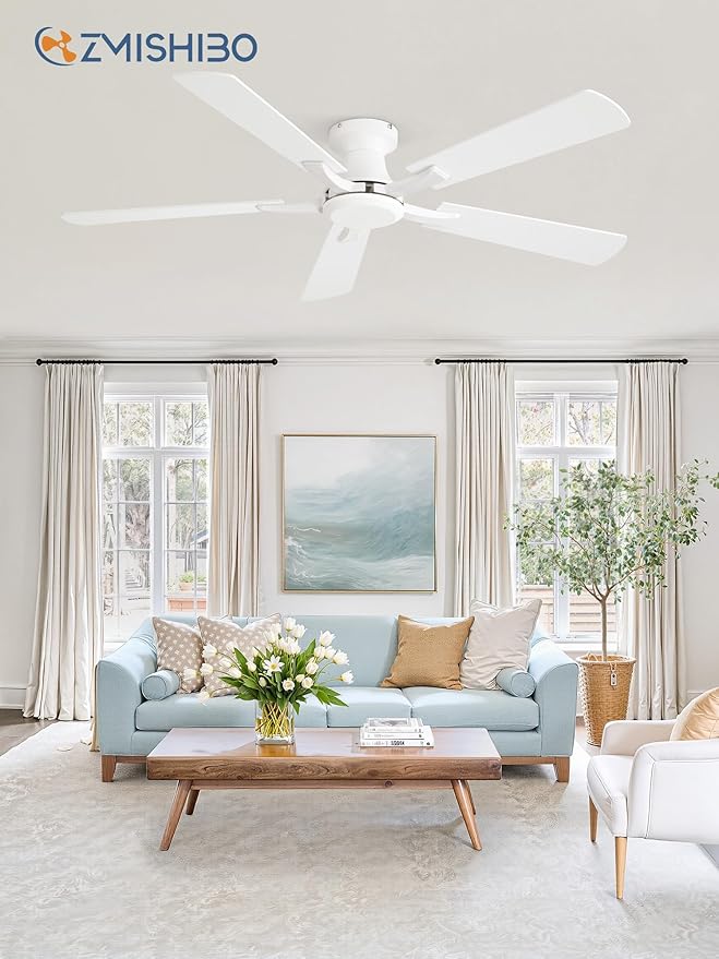 ZMISHIBO 52 Inch Ceiling Fan No Light Flush Mount Low Profile Modern White Ceiling Fan Without Light Remote Control &amp Quiet DC Motor for Indoor&ampOutdoor Bedroom Living Room