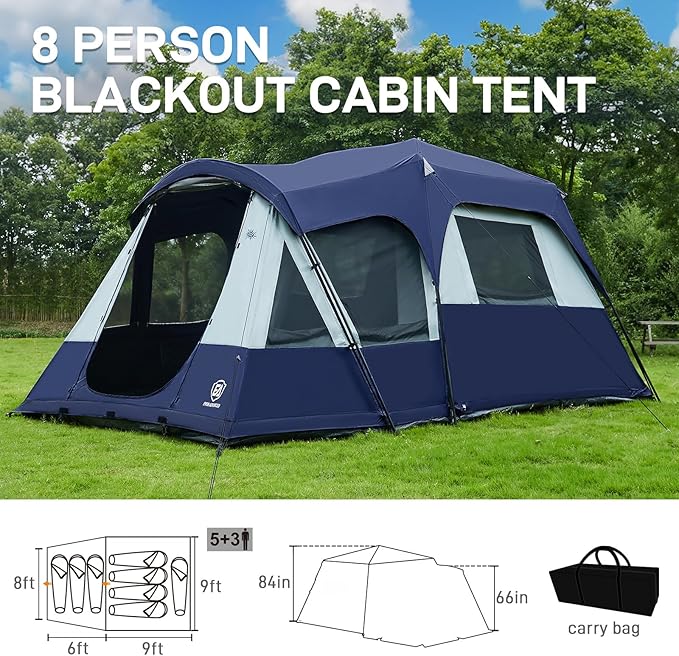 EVER ADVANCED 10 Person Camping Blackout Design Tent Multi Room Tent for Family Large Tents with Rainfly and Carry Bag 2 Doors Water-Resistant 14ft x 10ft x 84in