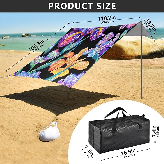 ALAZA Rainbow Iris Flower Butterfly Beach Tent Sun Shelter UPF50+ Protection Beach Shade Canopy w/ 4 Sandbags for Outdoor Camping Fishing Backyard Fun Picnic 10x9 ft