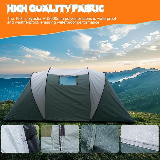 Large Camping Tent Family Tent 4~5 People 177 * 87 * 71 inches Waterproof Mesh Roof 2 Bedrooms and 1 Living Room (8 Person Grmy Green+Gray)