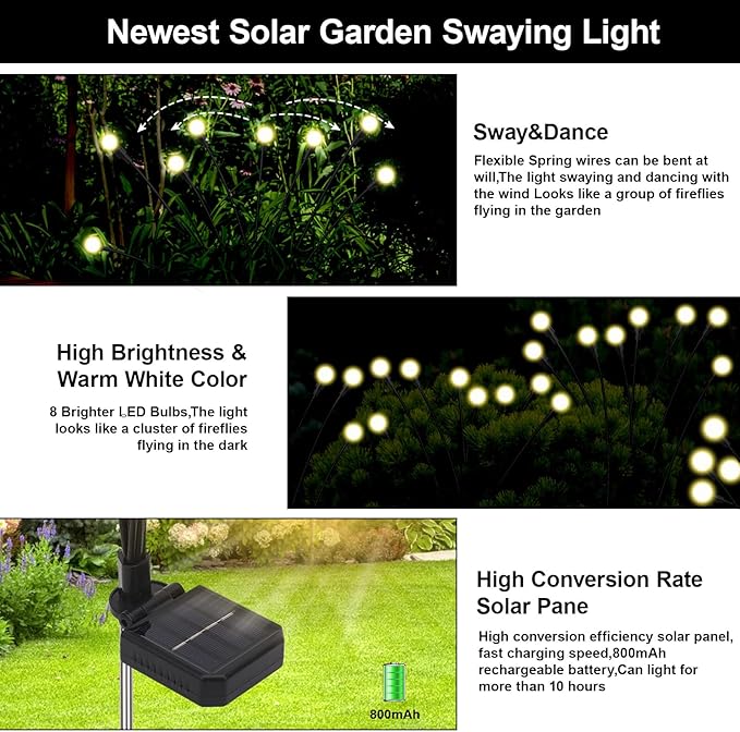 Firefly Lights Solar Outdoor 8 Modes 800mAh Swaying Solar Firefly Garden Lights Stakes Outdoor Waterproof for Outside Yard Patio Plant Christmas Holiday Garden Decor Warm White(8 Pack)
