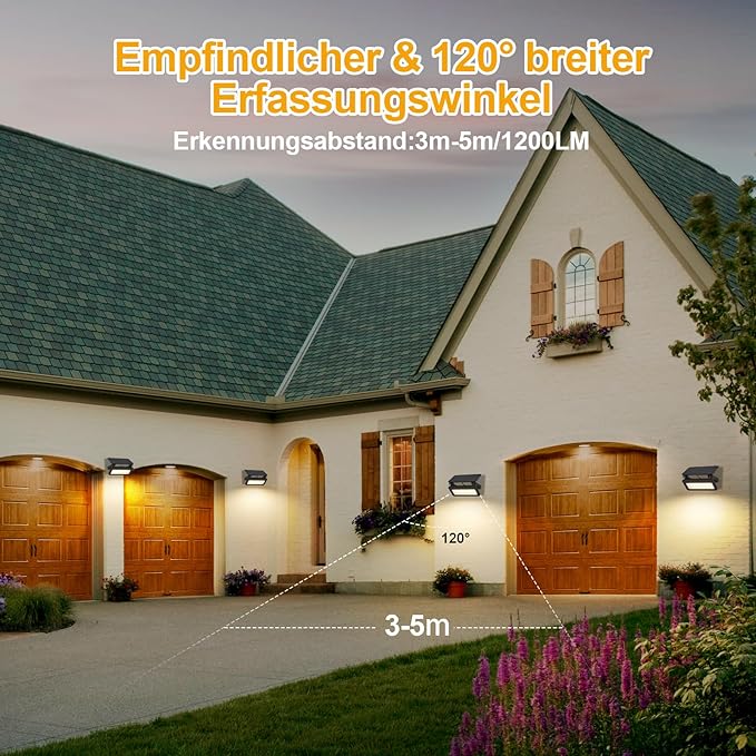 Solar Lights Outdoor Waterproof with Motion Sensor Foldable LED Wall Spotlight Touch Control Adjustable Color Temperature Brightness 1200LM 8W Dusk to Dawn Floodlights for Garage Fence