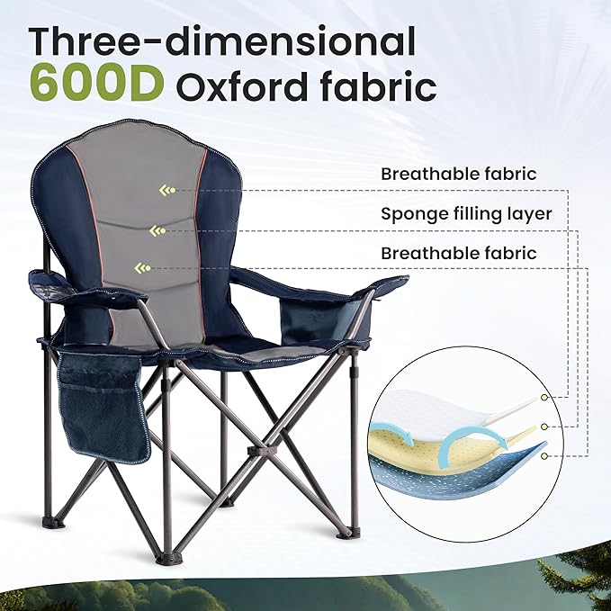 Folding Camping Chairs for Adults - High Back Padded Outdoor Lawn Chairs with Lumbar Support &amp Cup Holder (Blue &amp Gray 1 Pack)