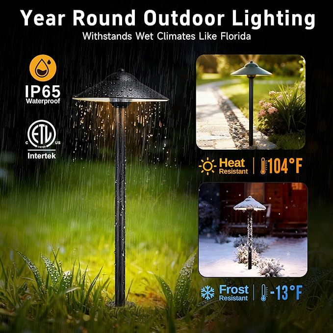 Gardenreet Brass Low Voltage Pathway Lights (9 Shade 23.5 Tall) - Black 12V Path Light Waterproof Wired Outdoor LED Landscape Area Lighting for Garden Walkway with 3W 270LM 2700K G4 Bulb (6 Pack)