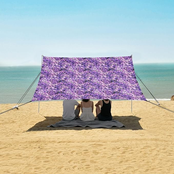 ALAZA Purple Leopard Print Beach Tent Sun Shelter UPF50+ Protection Beach Shade Canopy w/ 4 Sandbags for Outdoor Camping Fishing Backyard Fun Picnic 10x9 ft