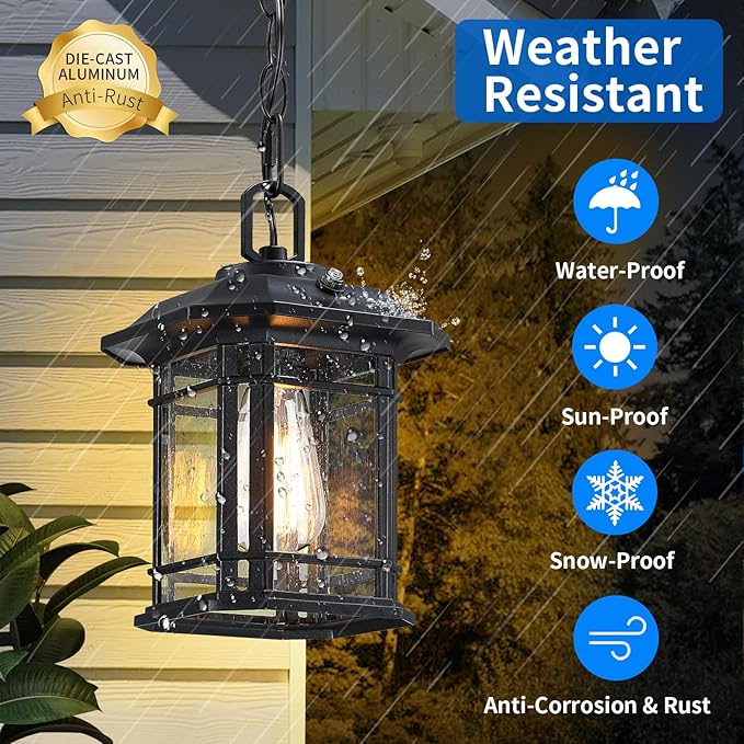 Dusk to Dawn Pendant Lights - 10.25'' Black Exterior Hanging Lanterns Farmhouse Outdoor Ceiling Light Fixture Waterproof Tempered Seed Glass Chandelier 1Pack