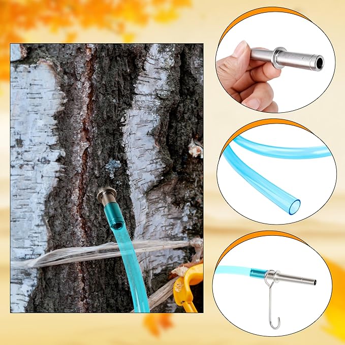33 Pcs Maple Syrup Taps Kit Include 9 Pcs Taps Spiles with Hooks 3 Pcs Filtering Funnel 9 Pcs Blue Food Grade Maple Syrup Tubing With 3 Pcs Spile Cleaning Brush