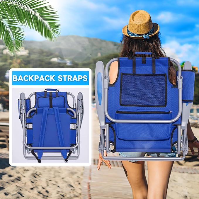 Portable Beach Chair for Adults Outdoor Camping Chair Lay Flat Folding Backpack Beach Reclining Chair with 5 Positions Headrest Zipper Pouch Cup Holder Blue