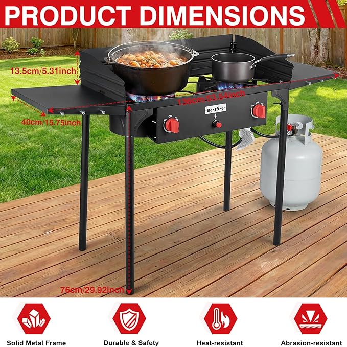 Bestfire 2 Burner Camping Stove with Windscreen&amp Side Shelves Bag Auto Ignition ButtonRegulator150000 BTU High Pressure Camping Stove Propane Burner With Removable Legs for Outdoor BBQ&ampBa