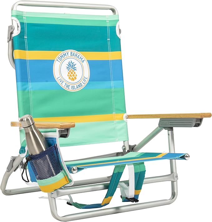 Tommy Bahama 5-Position Classic Lay Flat Backpack Beach Chair with Cooler and Cup Holder Portable Folding Beach Chair for Tanning Pineapple Stripe