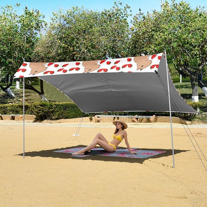 Camping Sun Shelters Cute Capybara Pattern Holding A Juicy Strawberry in Plate Beach Canopy 126 * 110.2in